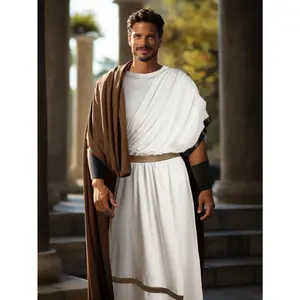 Men's Greek Dionysus Robe Costume, White with Gold Belt and Black Wristband, Adult Historical Halloween Costume Menswear Clothing