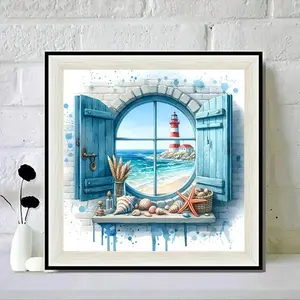 Beach Themed Window DIY Diamond Arts Colorful Painting Kit without Frame, DIY 5D Diamond Arts Colorful Painting Kit, Wall Art Decor for Home