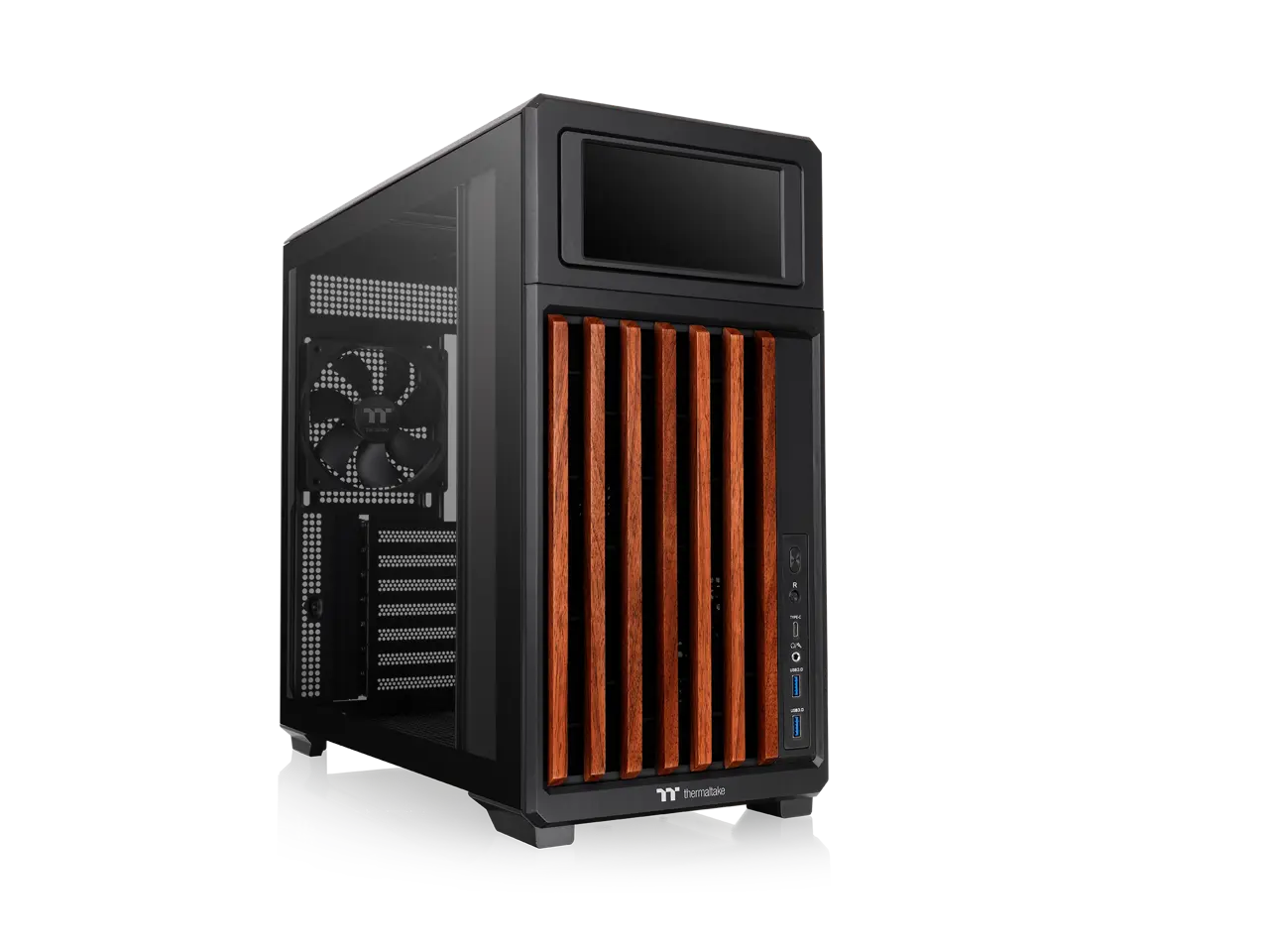 Thermaltake TR300 WS; Preinstalled 6.0 Inch LCD Screen; Wood Trim; Mid Tower; 1x120mm PWM Fan Included; ATX/mATX/mITX Support; 360mm Radiator Support; 410mm GPU; 260mm PSU; Black