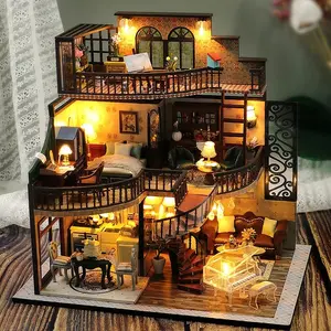 3D Wooden Dollhouse Puzzle - Assembly Building Model Kit with Furniture and Light for Home Bedroom Decoration