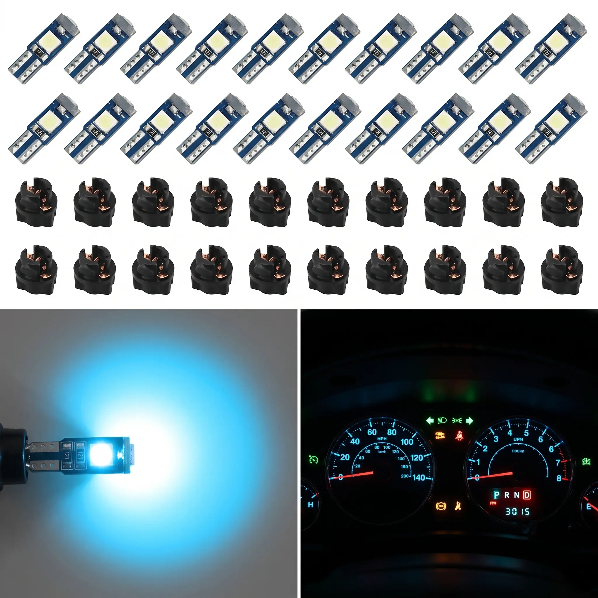 74 LED Dash Light Kits (Pack of 20) - 3SMD Super Bright T5 2721 37 286 Wedge PC74 Twist Socket Vehicle Accessories, 12V 100lm Backlit Blacklight, 1 Upward-Facing LED Dashboard Instrument Panel Gauge Bulbs for Car Interior Lighting (Ice Blue)