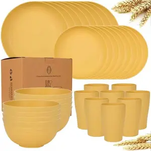 16/24/32pcs Wheat Straw Tableware Set, Multiple Colors, Dishes, Dessert Plates, Bowls, Cups, Ideal for Outdoor Gatherings, Family Parties
