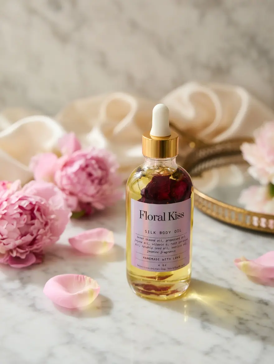 Floral Kiss Jasmine Rose Body Oil with Rose Petals Infused | Hydrating Glow Oil | Sweet Almond, Jojoba & Rosehip Oil | Floral Kiss Moisturizing Skin Oil