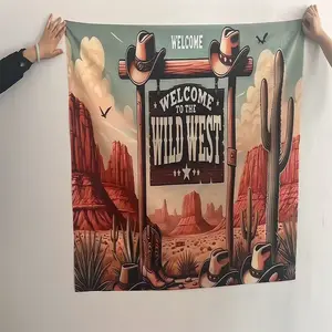 2D Flat 1PC Polyester Banner, Wild West Cowboy Theme Design, Featuring Cowboy Hats, Cowboy Boots, Cacti & Desert Canyon Elements, American Retro Style, Indoor and Outdoor Use, Ideal for Western Themed Parties, Cowboy Themed Events, Photo Background