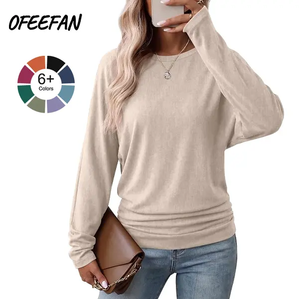 OFEEFAN  Womens Long Sleeve Shirts Ruched Hem Fall Tops Lightweight Sweaters
