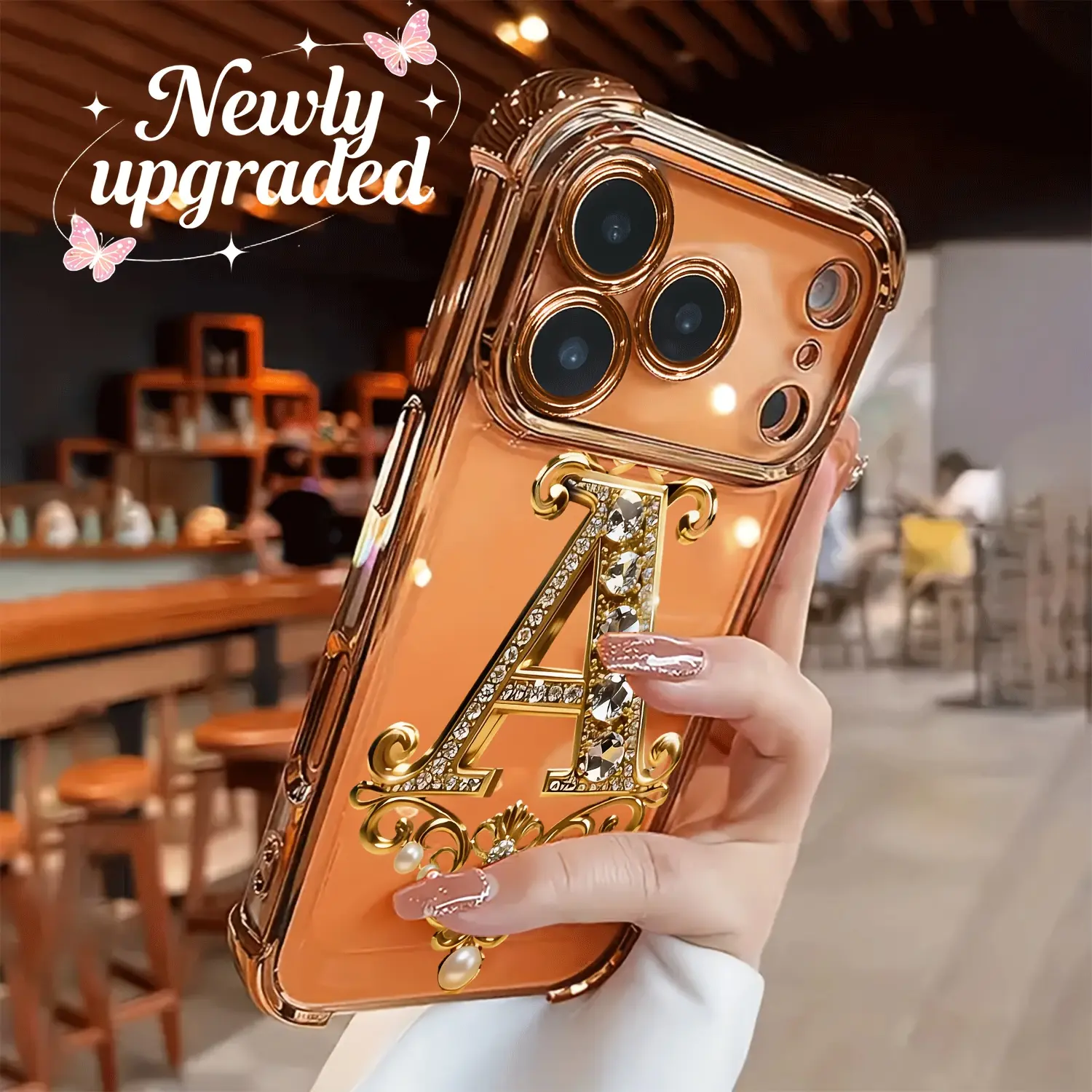 Diamond-Gold A-Design TPU Cellphone Case for iPhone 17/16/15/14/13/12/11/XS/X Series, Full Cover Lens Electroplating, Drop-Proof, Shockproof, Non-Slip, Diamond-Gold Shine Mobile Phone Accessory, Ideal Gift