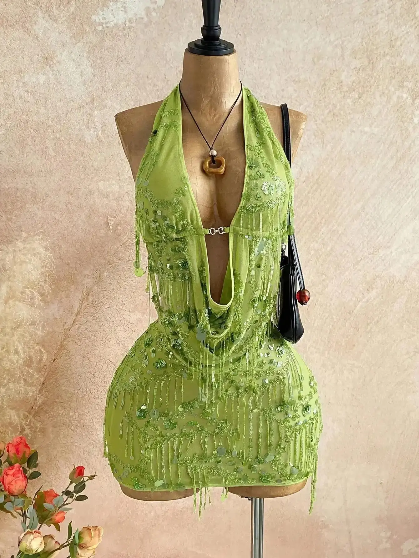 Women's 2pcs Fitted Sequin Fringe Set Drape Neck Cowl Camisole and Mini Skirt Two Piece Outfit for Music Festival Rave Party Club Night Out Sparkle wardrobe staple essentials on trend flattering