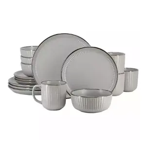 Light Gray Leo Stoneware 16-pc Dinnerware Set with 4 Dinner Plates 4 Salad Plates 4 Cereal Bowls & 4 Mugs Dishwasher Safe Food & Microwave Safe