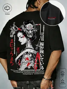 Men's T-shirt, Japanese geisha and hannya mask print, martial arts supreme streetwear loose black short-sleeved top, high street trend, goth, punk, metal, niche, rebellious wear, rapper clothing, holiday gifts, same style for men and women
