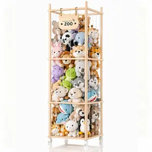 53.54" Large Wooden Stuffed Animal Storage Organizer Holder with Wheels, Plushies Storage Cage for Playrooms, Bedrooms, Living Room