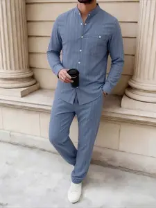 Men's Casual Two-Piece Set Suits, Long Sleeve Stand Collar Shirt with Solid Color Pants, Fashionable for Outdoor Activities Clothes