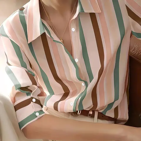 Women's All Over Striped Print Button Front Collared Shirt, Casual Drop Shoulder Long Sleeve Top for Daily Wear, Ladies Clothes for All Seasons