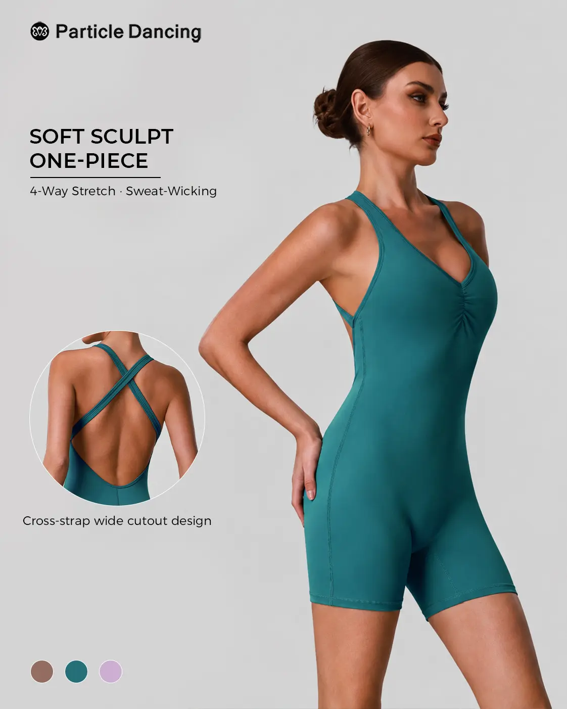 Female Minimalist 1-Piece V-Neck Sleeveless Cross-Back Bodycon Cut Workout Romper Shorts, Yoga Unitard Jumpsuit for Gym Workouts, Pilates