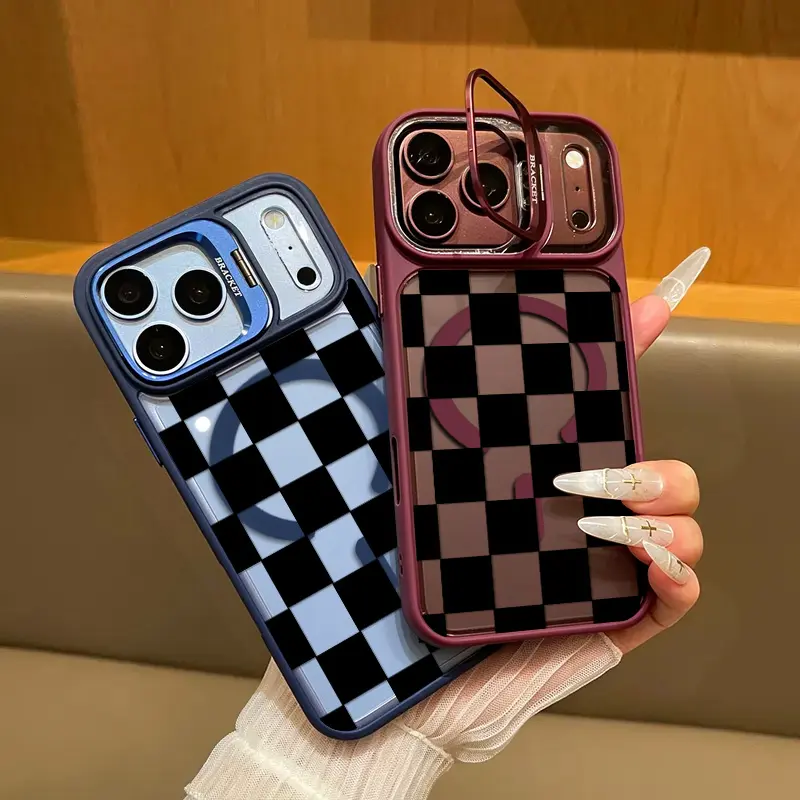 For iPhone 18 Pro Max/17/16/15/14/13/12 Pro Max Magnetic Phone Case, Retro Checkered Case with Camera Stand, Black & White Grid Aesthetic, Military-Grade Drop Protection, MagSafe Compatible Protective Back Cover.XS9527
