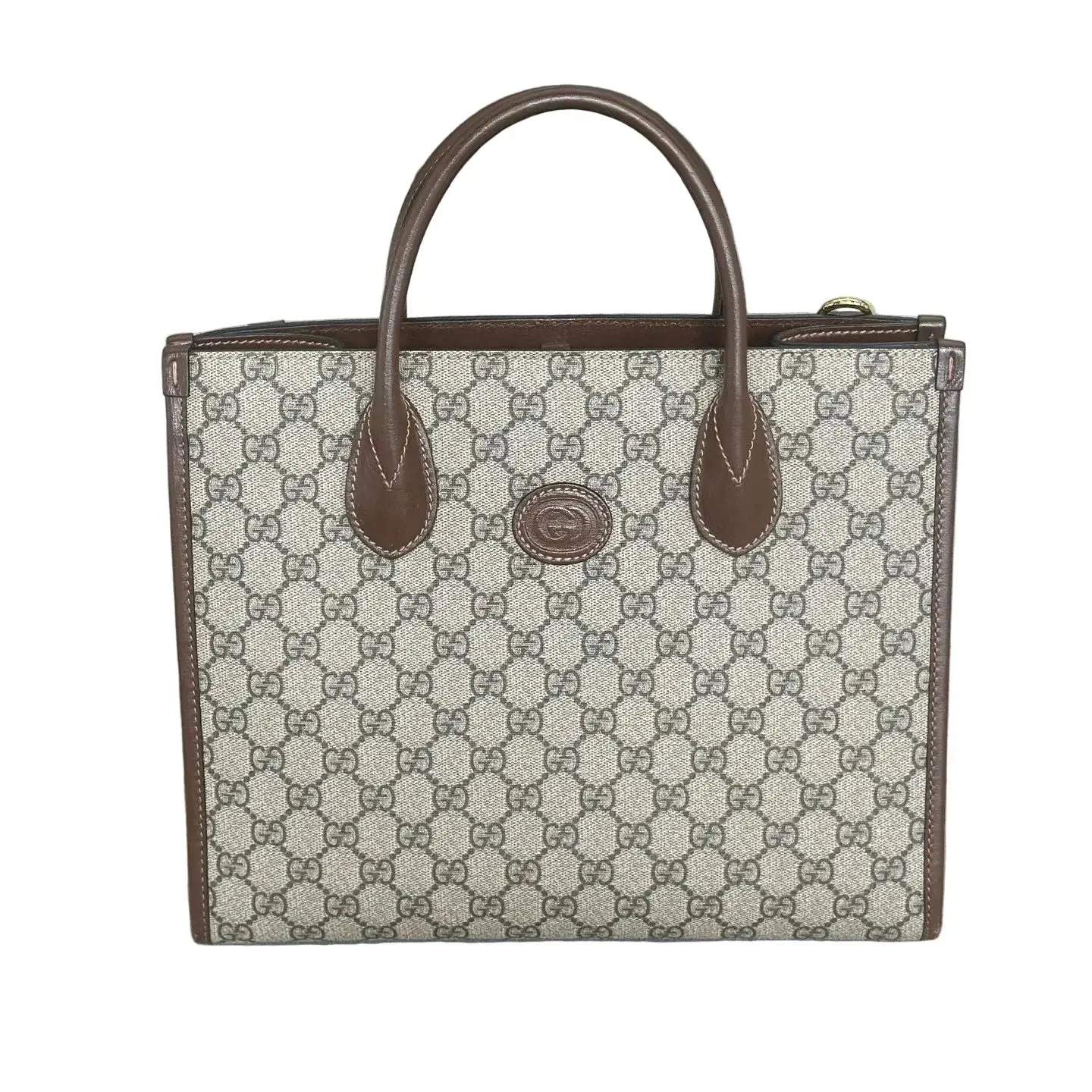 Pre-owned Canvas Tote Bags Gucci Interlocking G Medium Tote Bag GG Supreme with Brown Leather Trim