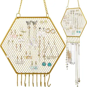 2 Pcs Earring Wall Holder Wall Mounted Earring Organizer Hanging Jewelry Stand Decorative Diamond Grid Shape Display Rack with Hooks for Earrings Necklace Bracele