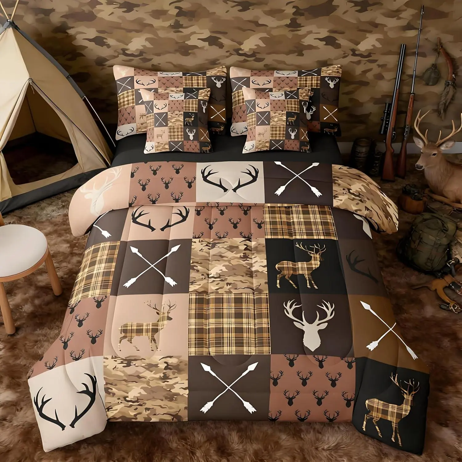 Hunting Camo Deer Comforter Set with Sheets 7 Piece Rustic Western Farmhouse Bedding Set for Kids Boys Girls Wildlife Animal Bed in a Bag Camouflage Hunter Room Decor Soft
