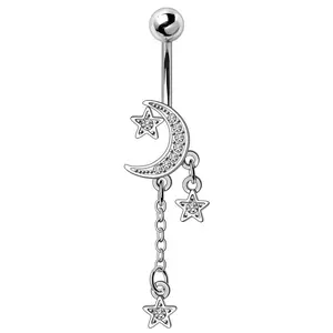 Moon and Stars Dangling Belly Button Ring - 316L Stainless Steel