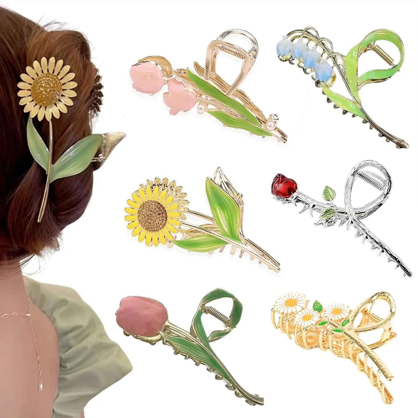 Flower Metal Hair Claw Clips 6 Pcs Cute Large Tulip NonSlip Hair Barrettes Strong Hold Hair Clamps Fashion Hair Accessories for Woman Girls with Long Thick Thin Curly Hair