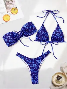 Three-piece Set Women's Floral Print Tie Front Bandeau Top & Tie Back Triangle Top & High Cut Bottom Bikinis Set, Fashion Chic Swimwear for Beach Holiday Vacation, Summer Outfits, Bikini Top Trunks, Floral Swimsuit