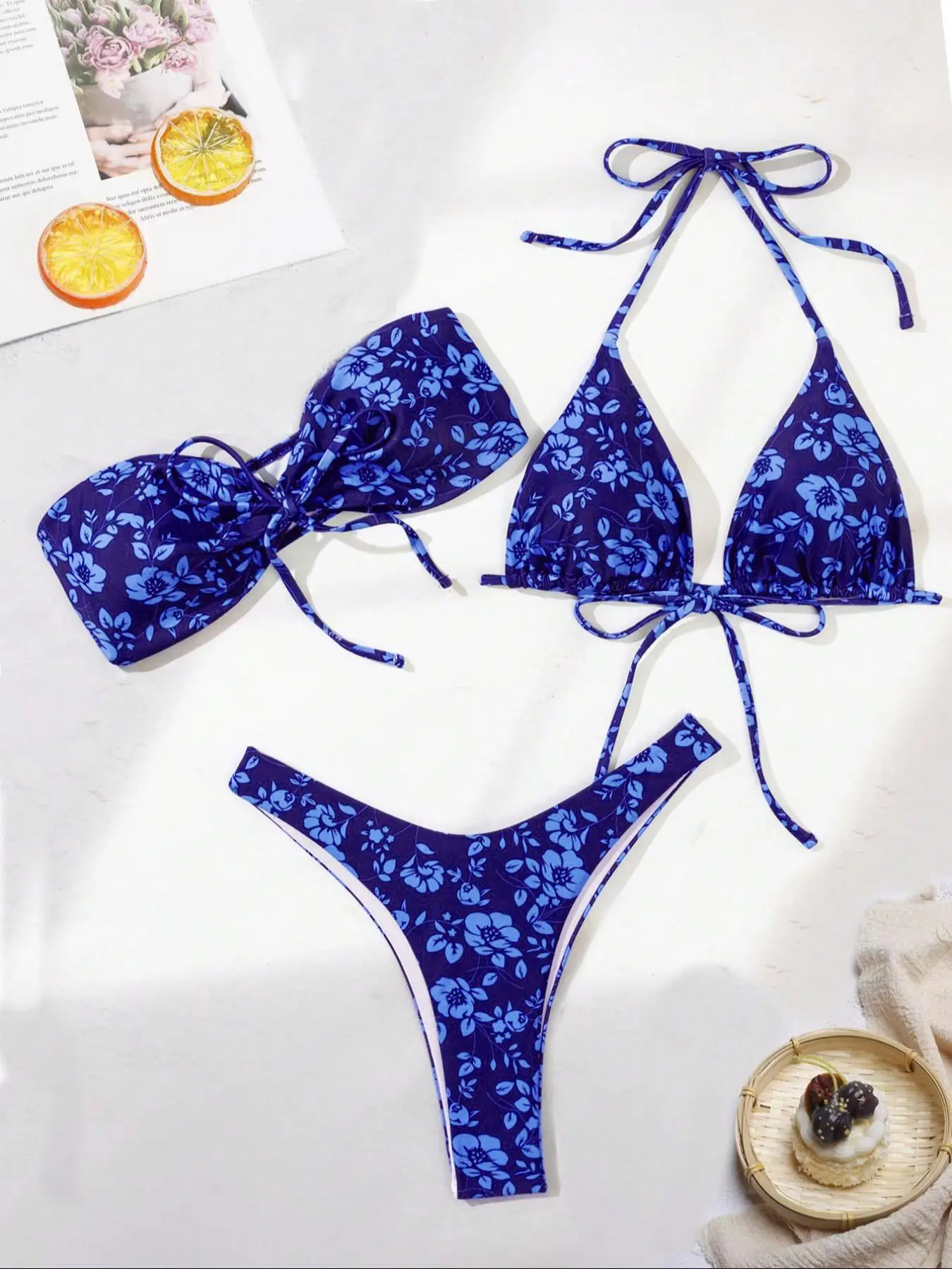 Three-piece Set Women's Floral Print Tie Front Bandeau Top & Tie Back Triangle Top & High Cut Bottom Bikinis Set, Fashion Chic Swimwear for Beach Holi