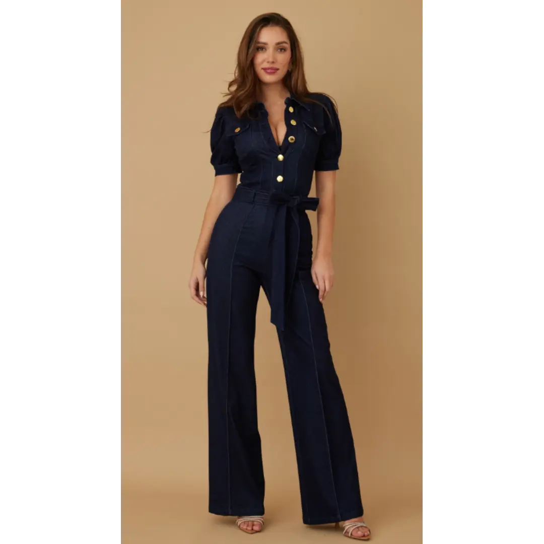 FASHION DENIM STRETCH JUMPSUIT - BUTTON DETAIL ON THE TOP, TIE BELT DETAIL, SHORT SLEEVE