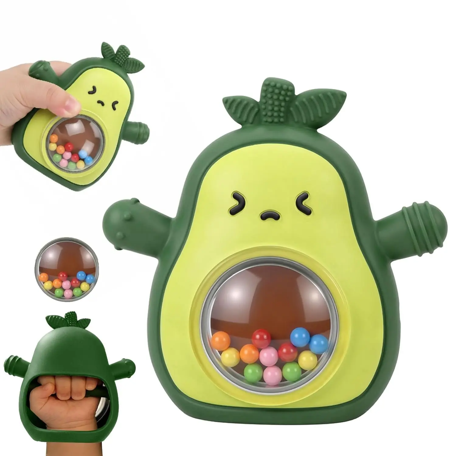 Baby Teething Toys Silicone Teether Mitten for Infants 0-6 Months, Avocado Baby Rattle Sensory Toy, BPA Free Teether for Chewing, Grasping & Teething Relief, Newborn Baby Shower Gift