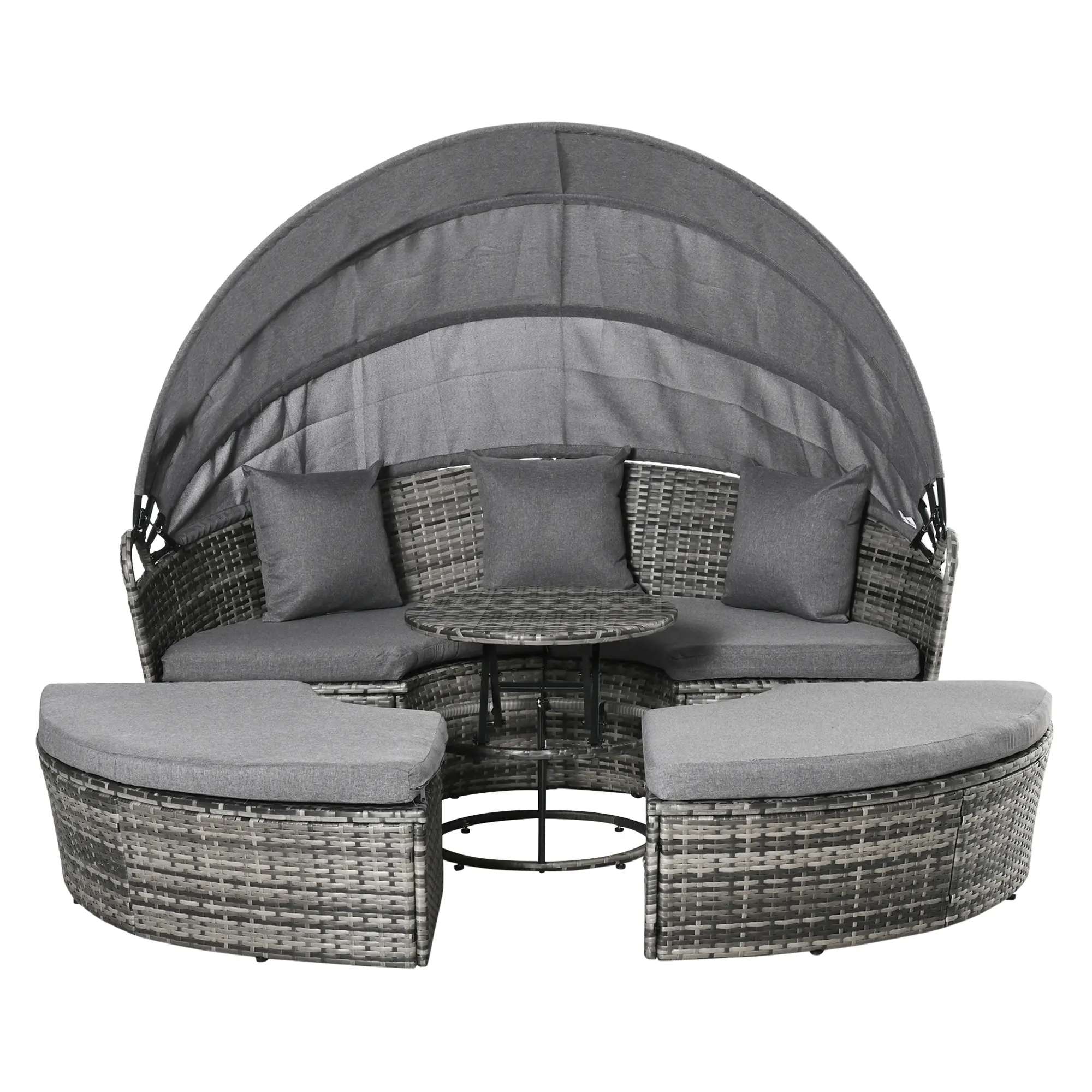 Outsunny 4-Piece Round Rattan Daybed Patio Furniture Set, Outdoor Convertible Sectional Sofa with 2 Chairs, Extending Tea Table Ottoman, Adjustable Sun Canopy, 3 Gray Pillows, Patio Furniture Sets