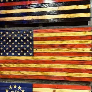 American flag. Hand carved, burnt, painted, & sealed with spar urethane, 19x36 hang inside or outside Banners