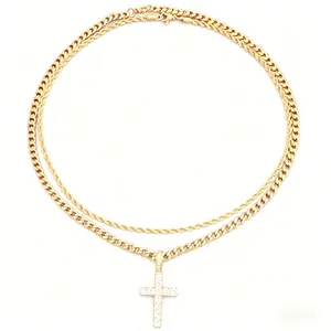 Hip Hop Twist Chain Necklace & Rhinestone Cross Pendant Necklace for Daily Wear, Stainless Steel Jewelry for Men & Women, Classic Jewelry for Gift