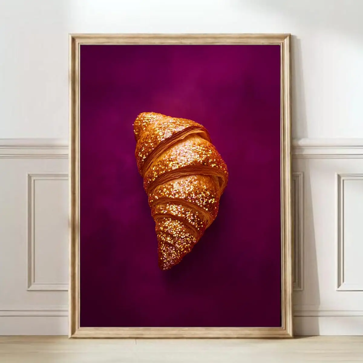 Disco Croissant Art Print – Red Burgundy Pop Art Kitchen Poster, Funky Eclectic Croissant Wall Art, Winter Decor, Unframe