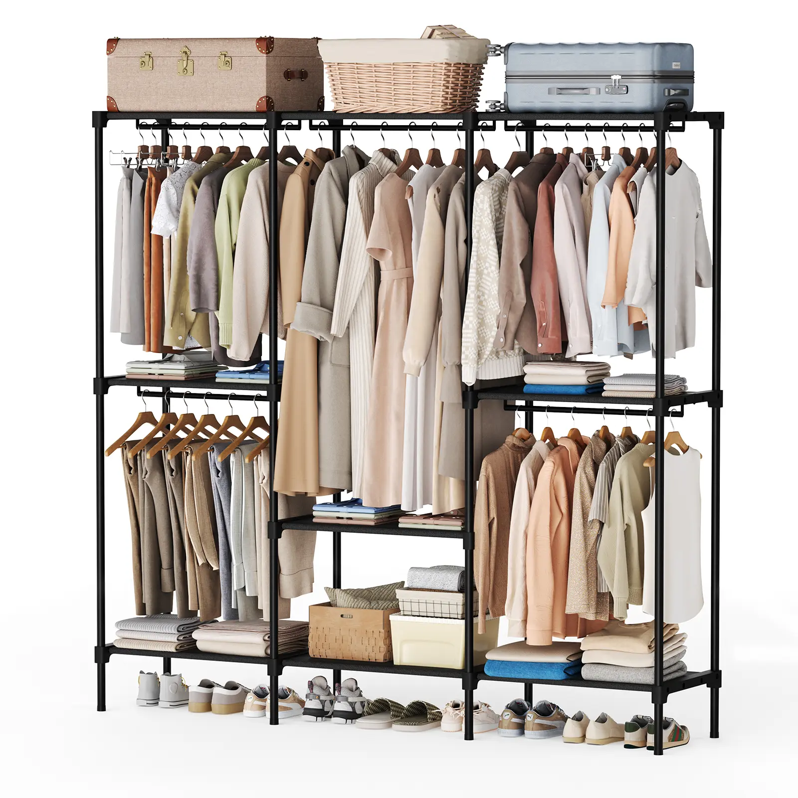 Sweetcrispy Wardrobe Closet Armoire - Portable Hanging Clothes Rack, Sturdy Base Free-Standing Furniture with Tier Shelves, Storage Organization for Bedroom Storage