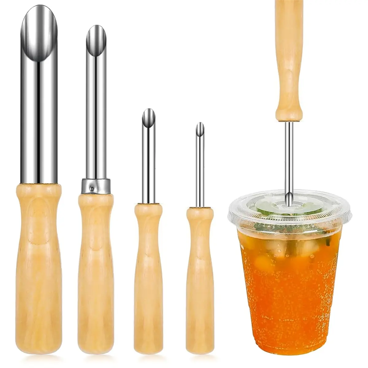 Handheld Stainless Straw Punch with Wooden Handle - 4 Different Sizes, Round Holes, Durable Kitchen Utensil for Plastic Bottle Covers, Cafe Beverages, Art Studios