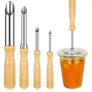 4 Sizes Straw Punch with Wooden Handle, Round Hole Making Tool for Cafe Beverage Lemonade Holder Supplies