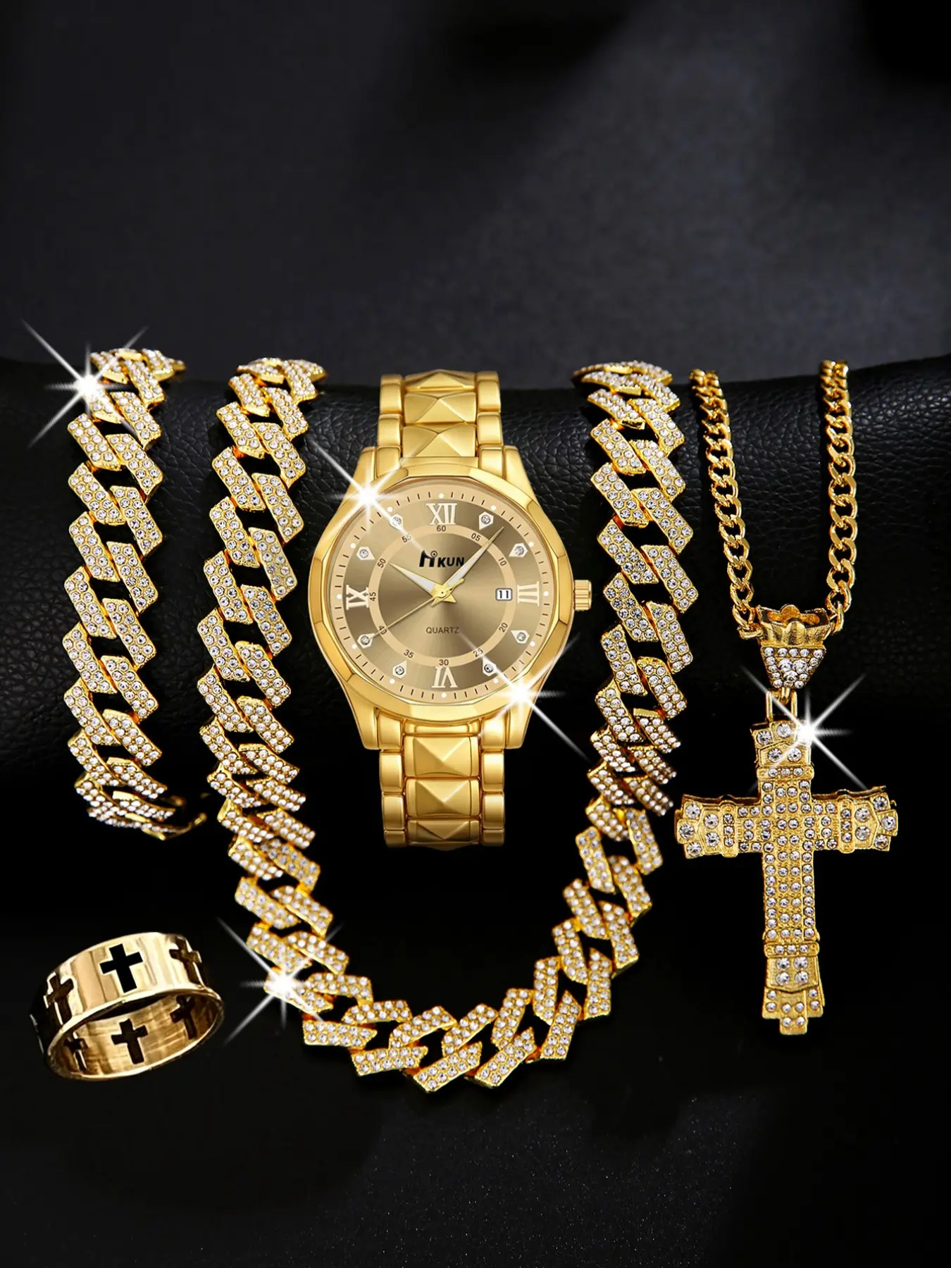 Men's Zinc Alloy Quartz Watch Set, Analog Face, Casual Style, All Seasons, Includes Necklace & Ring, Perfect Birthday Gift, Accessory Set