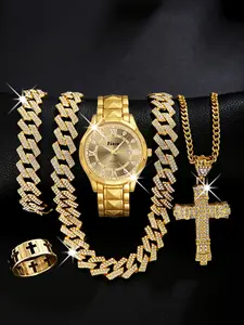 Men's Zinc Alloy Quartz Watch Set, Analog Face, Casual Style, All Seasons, Includes Necklace & Ring, Perfect Birthday Gift, Accessory Set