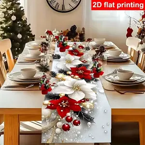 1 piece of 2D flat Christmas table flag - red and green holiday table decoration, elegant holiday party, family dinner, kitchen Overlay Table Cover - easy to clean linen table flag, seasonal decoration, Christmas decoration