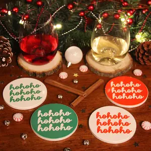 Hohoho Ceramic Coasters (Set of 4) - Santa Claus Round Coasters - Winter Coaster Gift Set - Christmas Ceramic Coasters - Holiday Coasters