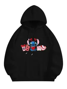 Disney Stitch Valentine's Day Hoodie - Black Hooded Sweatshirt with Heart Design - Comfortable Fabric & Unique Gift for Boyfriend or Girlfriend