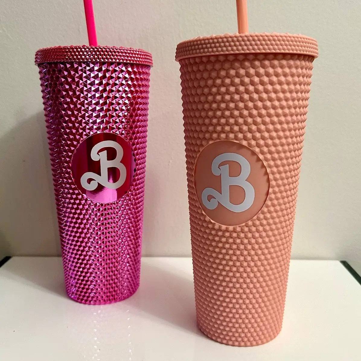 24oz Pretty Pink Studded Logo Tumbler with Matching Straw tumblers Bottle Cup Drinkware Insulated