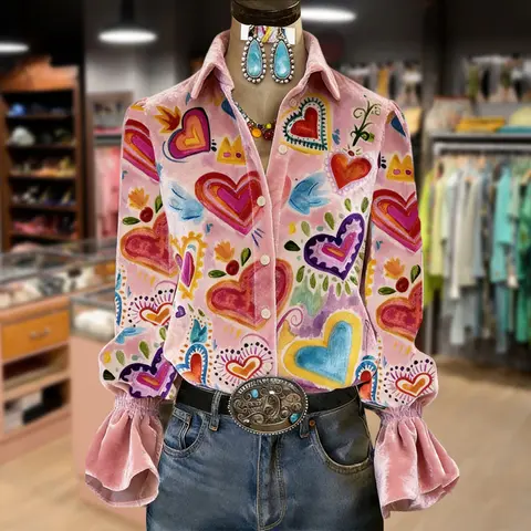 Cherrybetty Colorful Heart Print Velvet Valentine's Day Shirt Sweety Essential Comfort Elegant Outfits Outfits For Women