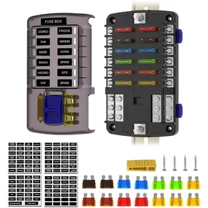 12 Way Fuse Block, 12 Volt Blade Fuse Box Panel with LED Indicators- Heavy-Duty Waterproof 12 Circuit Fuse Box for Marine, Car, Boat, RV, Truck, ATV with Cover & Terminals