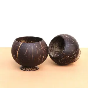 【Free Straw Included】 Natural Coconut Shell Wide-Mouth Cup, Japanese-Style Cup with Base, Coconut Bowl