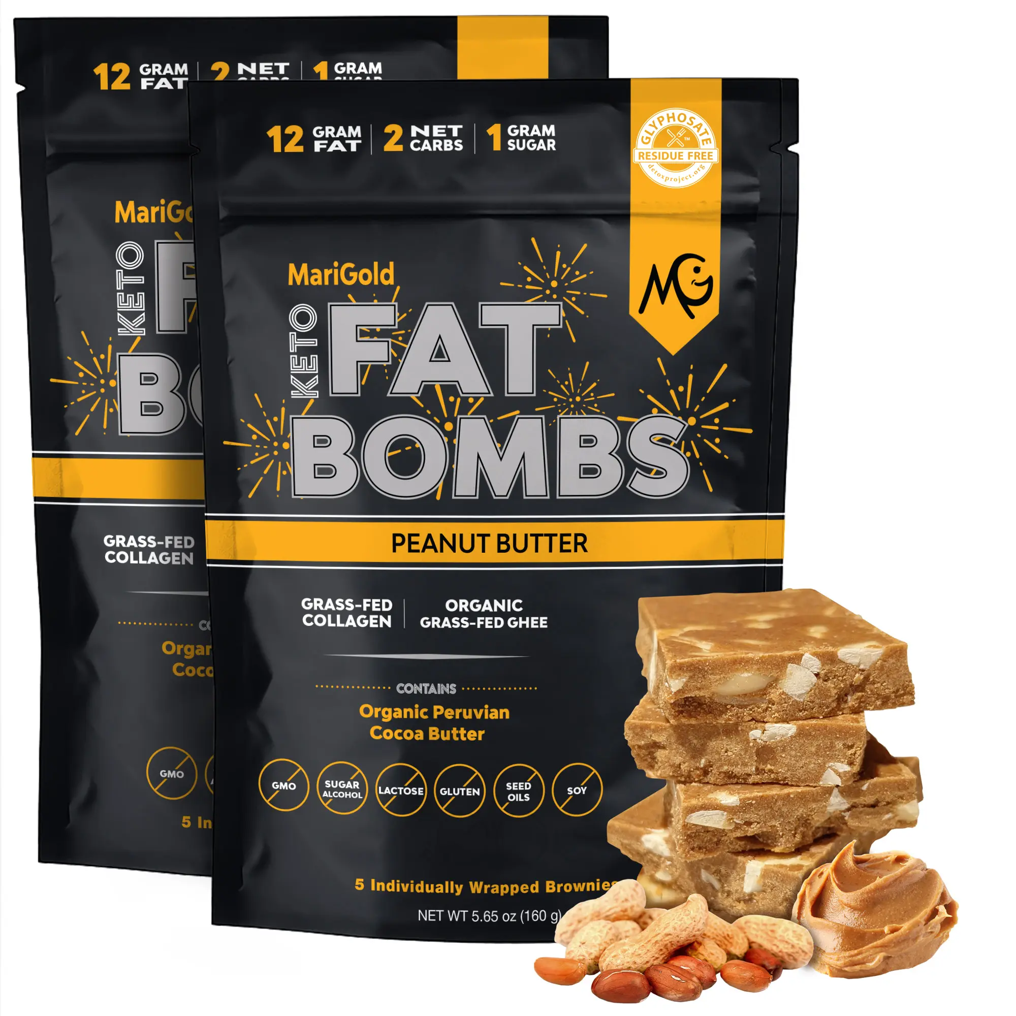 MariGold Keto Fat Bombs, Peanut Butter, 2-Pack (10 Bars) – Low Carb, Low Sugar, Collagen Protein, Grass-Fed Ghee, Organic Cocoa Butter, Gluten-Free, Non-GMO
