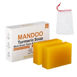 MANDOO Turmeric Soap Set: 2 Bars + Exfoliating Mesh. Turmeric's Anti-Inflammatory & Skin-Enhancing Benefits. Revitalize, Combat Blemishes, Unveil Natural Glow!