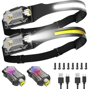 Rechargeable Headlamp 2Pack, Detachable 230 °   Wide Beam LED 2in1 Head Lamp with Motion Sensor, Hard Hat Head Light for Adults, 9 Modes Flashlight for Running Hunting Camping Essentials Gear