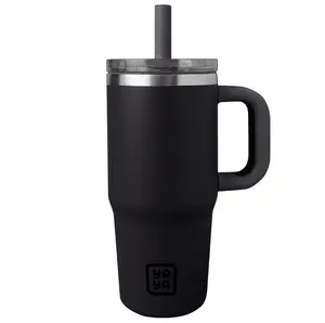 YAYA My First Travel Tumbler for Preschool & Kids 3+, Insulated Stainless Steel Tumbler with Reusable Silicone Straw & Spill-Proof Lid, Cup Holder Compatible, BPA-Free, 12oz, Black