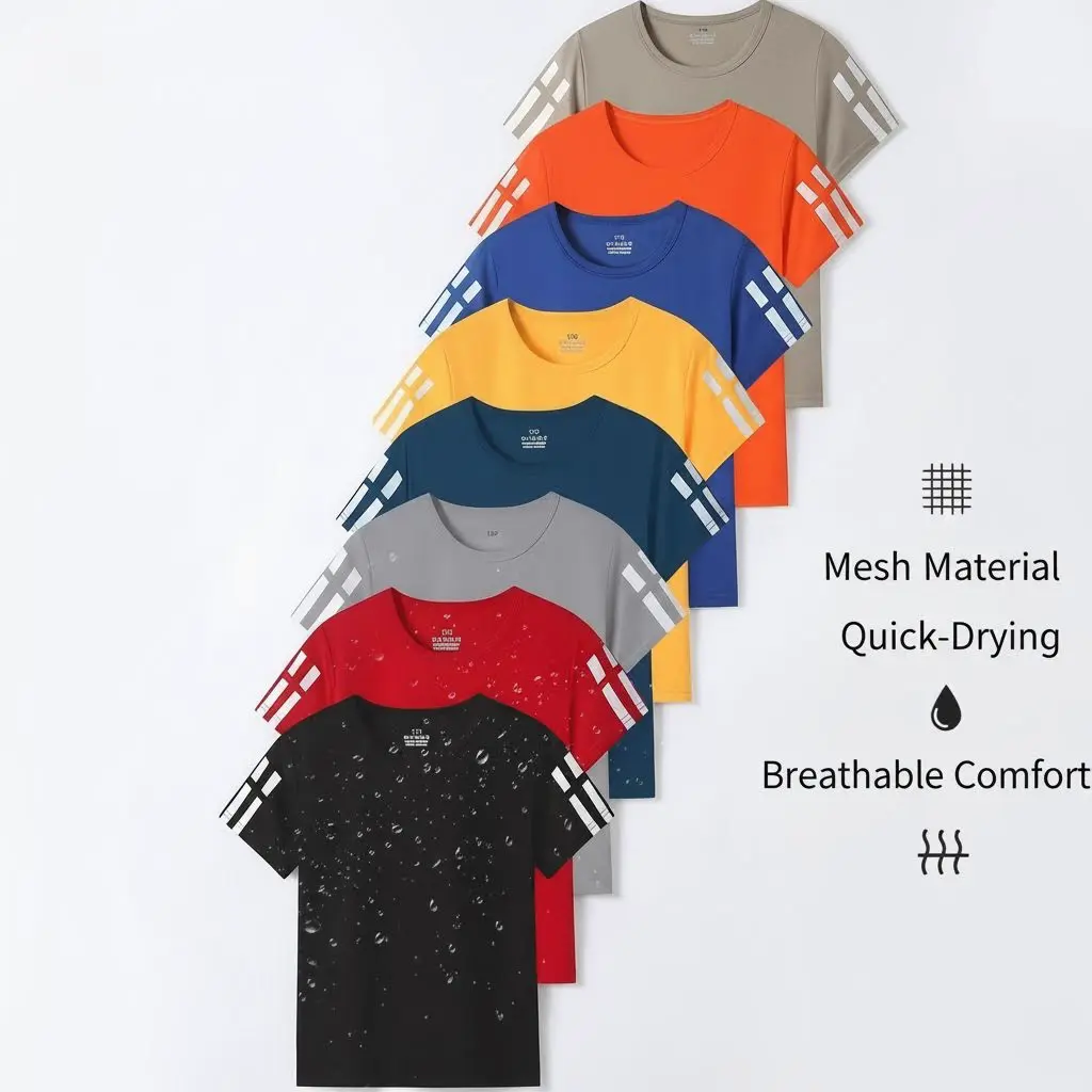 Kids' 8-Pack Graphic Tees with Side Stripes, Quick-Dry Polyester Mesh, Lightweight Tops for Summer Sports & Play, Graphic Tee, Kids Outdoor Play, Lightweight Tee
