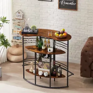 Oval Bar Table with Solid Wood Countertop & Built-in Wine Rack Storage, Multipurpose Wine Bakers Rack, Industrial Bar Height Table for Dining Room, Kitchen, Living Room, Home Bar, Pub & Cafe, Brown