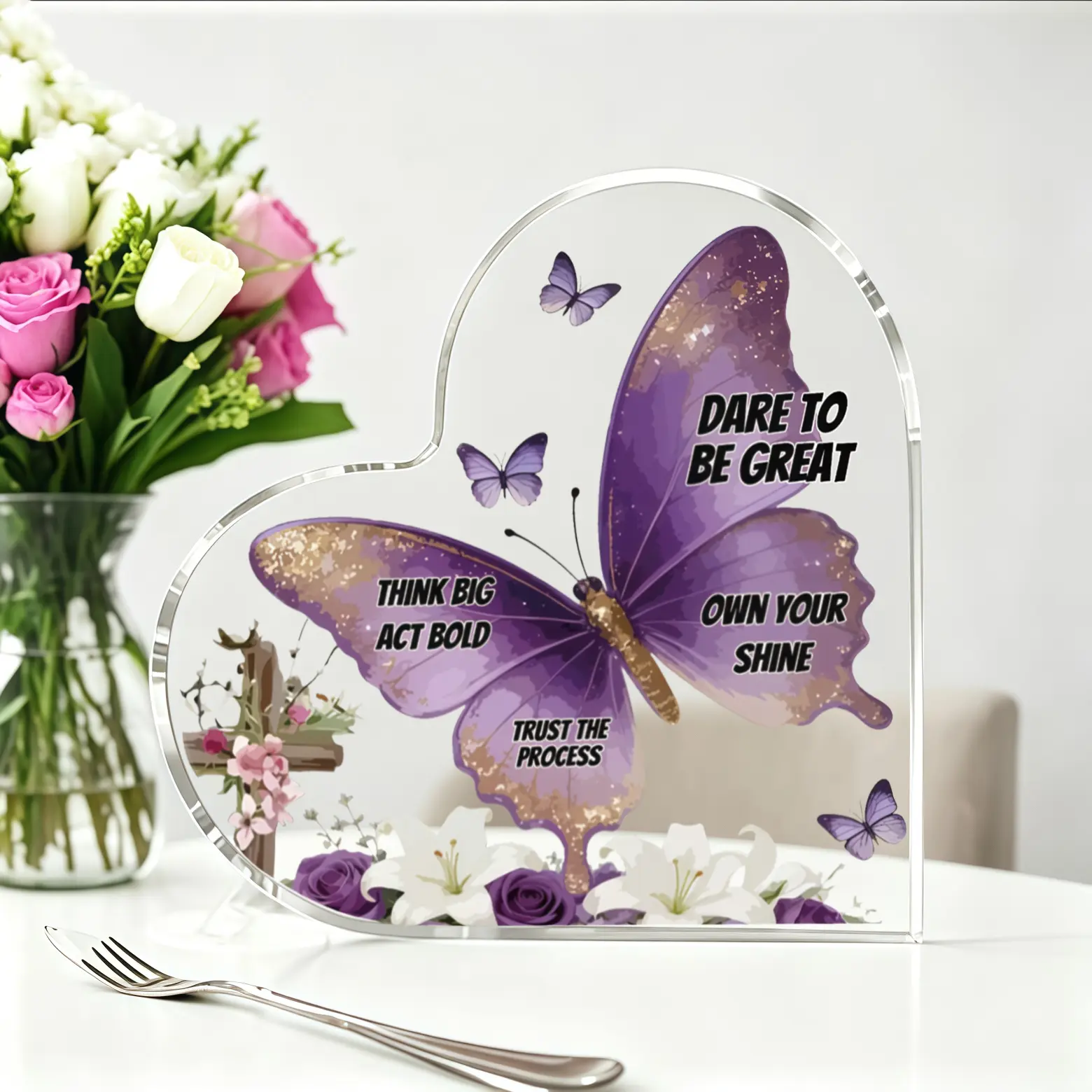 Heart Shaped Purple Butterfly Cross Floral Acrylic Table Sign with Wooden Stand - Modern Motivational Faith Quote Plaque, Heart Desktop Decoration Sign for Christian Women, Thanksgiving Christmas Decor